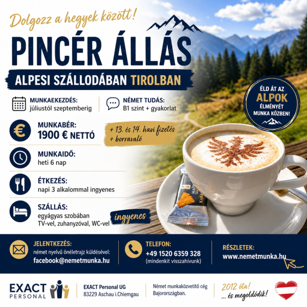 520/4. Pincér állás alpesi szálloda Tirol