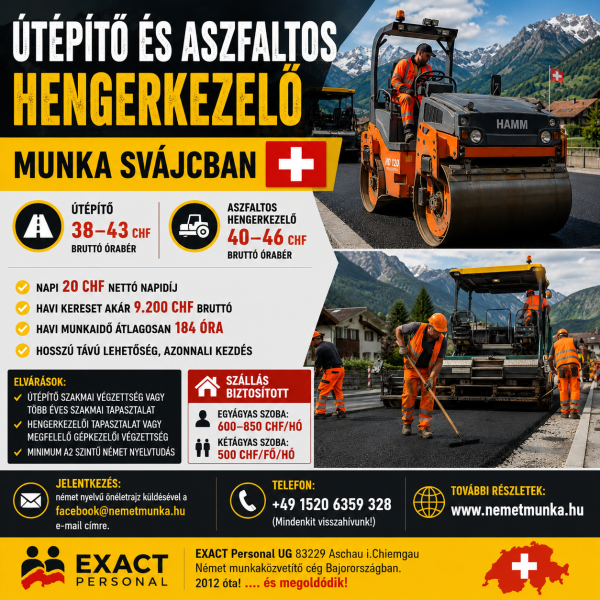 Útépítő és aszfaltos hengerkezelő munka Svájcban