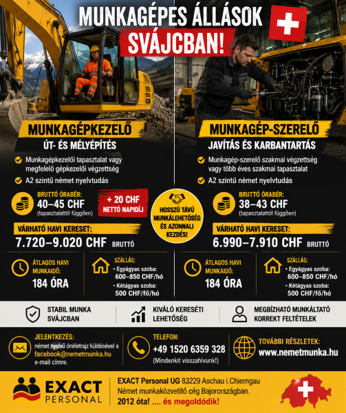 Munkagépkezelő és Munkagép-szerelő állás Svájcban